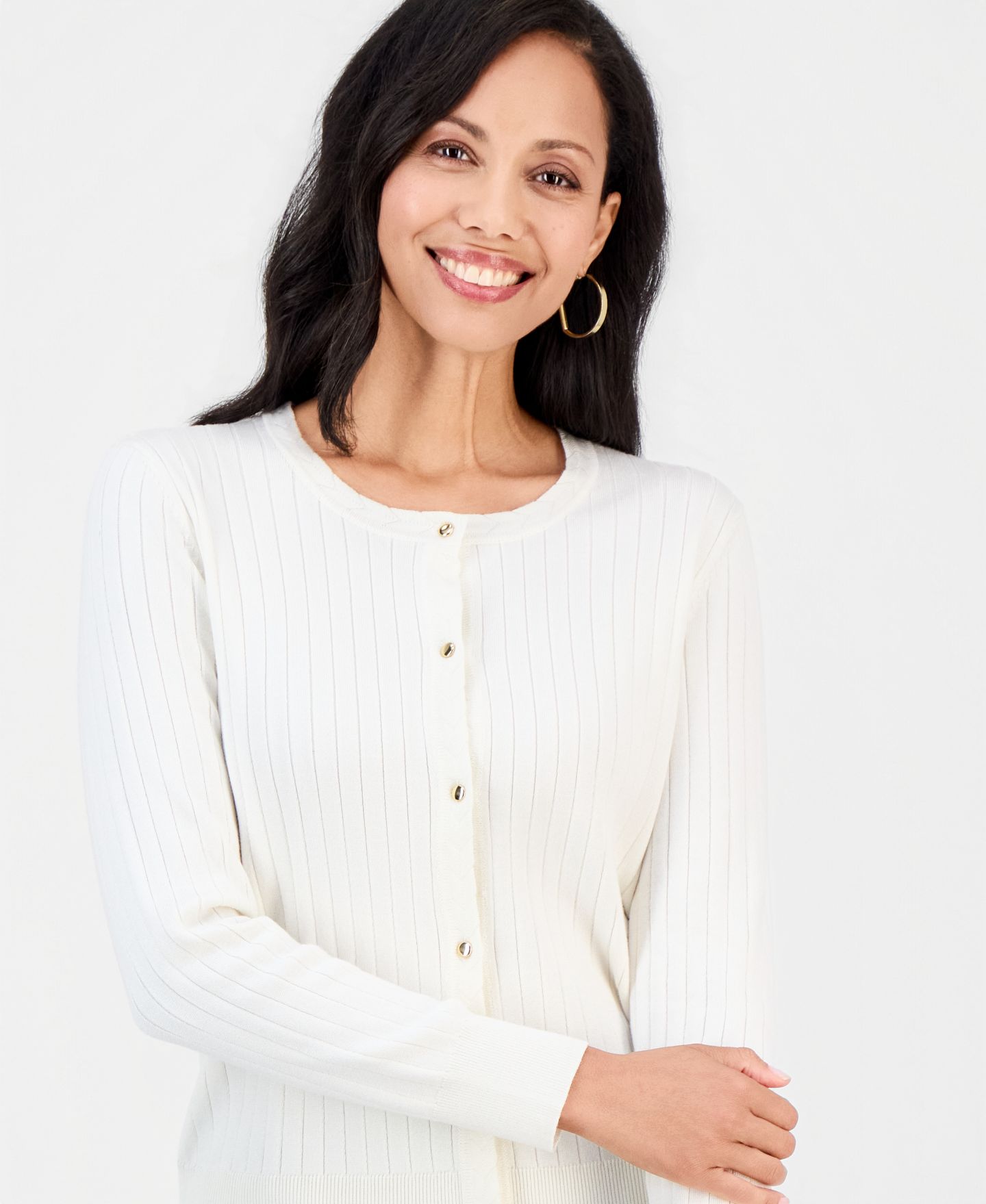 Женский кардиган JM Collection Petite Ribbed Button-Down Cardigan, цвет: Яркая слоновая кость — фото 2