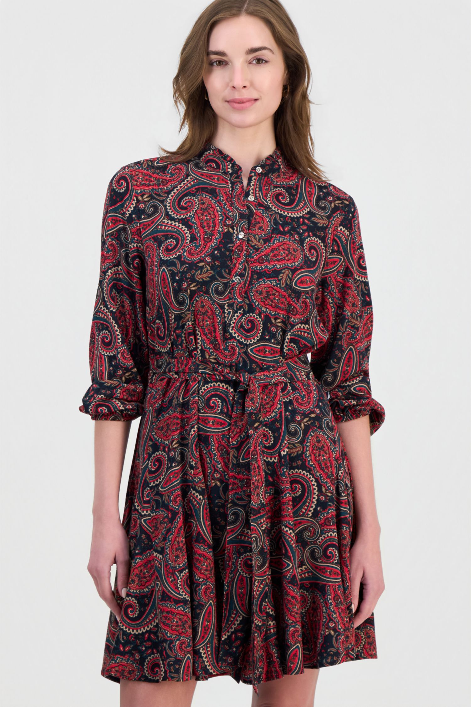 Women's Paisley Ruffle-Neck 3/4-Sleeve Shirtdress