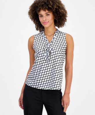 Women's Geo-Print Tie-Neck Sleeveless Blouse 