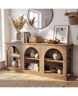  Arched Entryway Table: Low profile console table for hallway. Farmhouse accent stand with open shelves for living room, entrance