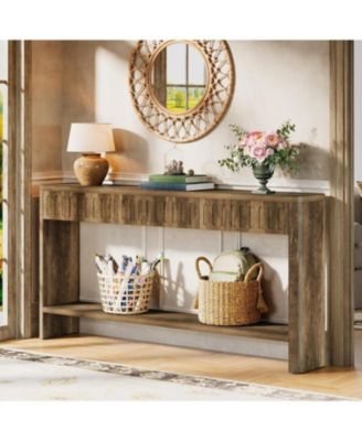 Farmhouse Console Table, Fluted Wood Entryway Table with 3 Drawers and Open Shelf for Behind Couch Living Room Hallway