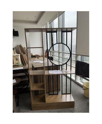 Freestanding Room Divider reversible MDF partition with storage shelves and metal accent. Modern separator for open floor plans