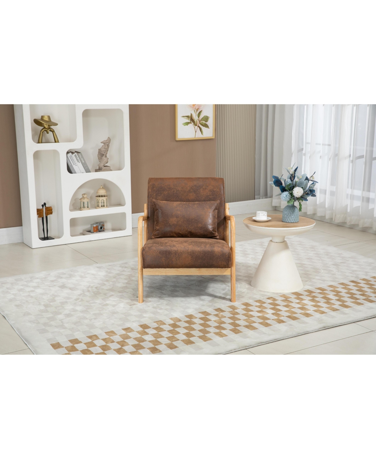 Clihome Mid Century Modern Accent Chair with Wood Frame, Upholstered Living Room Chairs Waist Cushion, Reading Armchair