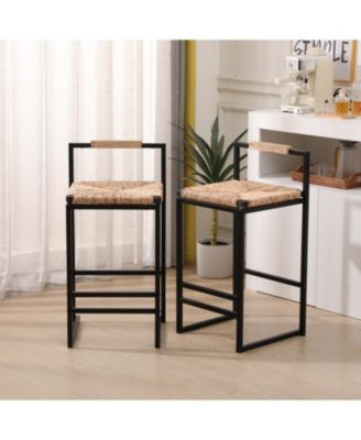 Set of 2 Water Hyacinth Woven Bar Stools with Back Support