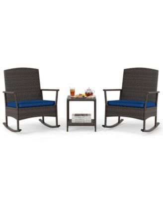 3 Piece Patio Rocking Bistro Set 2 Rattan Armchairs w/ 2-Tier Side Table