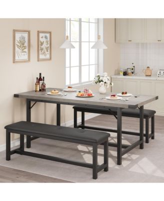 3 Piece Extendable Dining Set, Sturdy Engineered Wood Table with Padded Benches, Space Saving Multi scene Home Dining Furniture