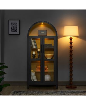 High Arched LED Light Storage Cabinet MDF Poplar Wood Adjustable Glass Partition Multi-Functional Home Display Cabinet