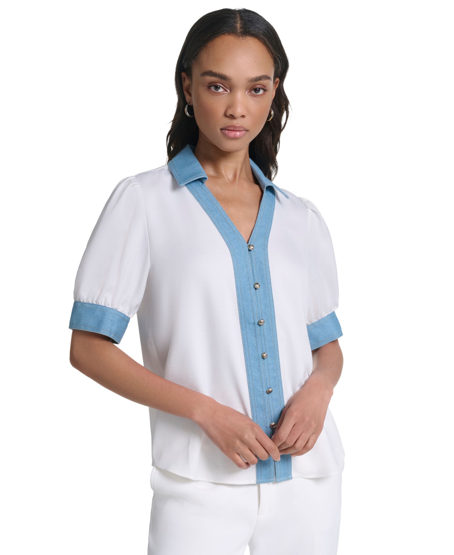Petite Denim Collar Button-Front Blouse