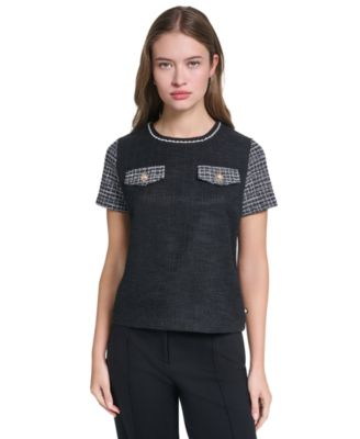 Petite Short-Sleeve Trim Crewneck Blouse