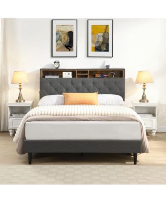 Queen Size Platform Bed Frame with USB Outlet and Storage Compartments, Heavy Duty Metal Slats, No Box Spring Needed