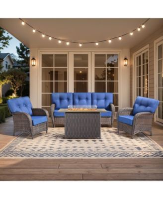 4 Piece Wicker Outdoor Furniture Set with 41" Fire Pit Table, Outside Patio Deep Seating Conversation Set with 5-inch Thick Cushion