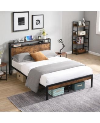 Full Size Metal Platform Bed Frame with Wooden Headboard and Footboard, USB Ports, No Box Spring Needed