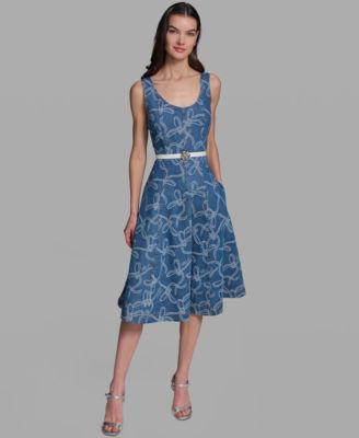 Women's Sleeveless Crewneck Denim Midi Dress