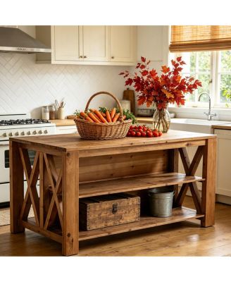 3-Tier Solid Wood Kitchen Island with Storage Shelves For Kitchen Dining Room