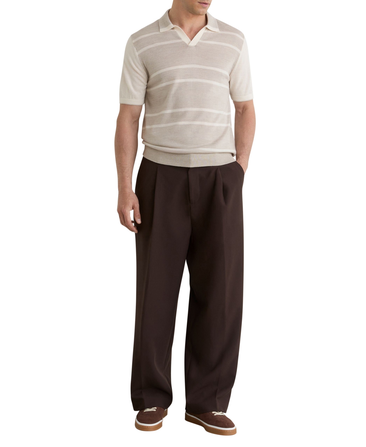 Reiss Men's Miles Open Collar Striped Merino Wool Polo Shirt