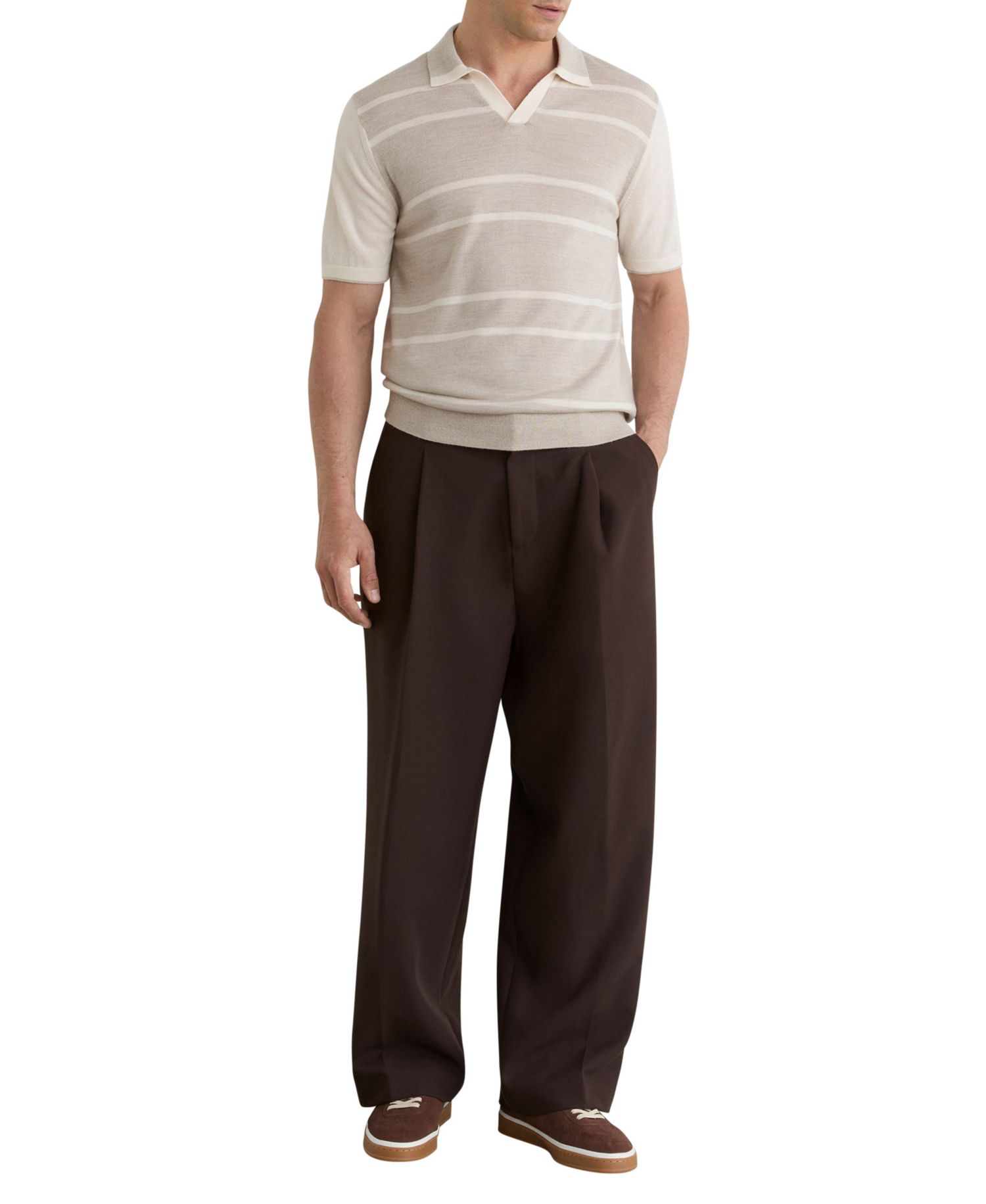 Men's Miles Open Collar Striped Merino Wool Polo Shirt