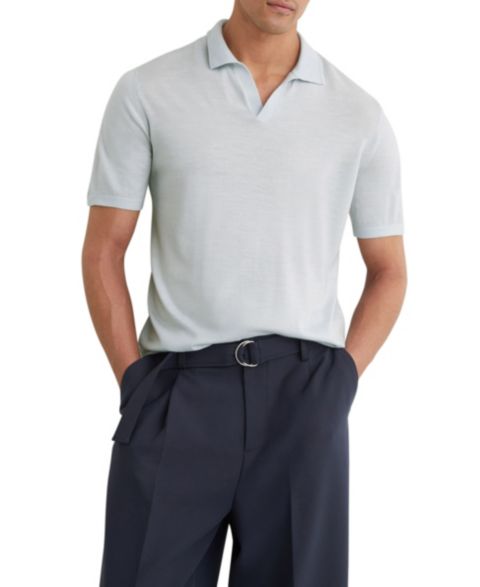 Мужское поло REISS Duchie Open Collar Merino Wool Polo Shirt, цвет: Синий