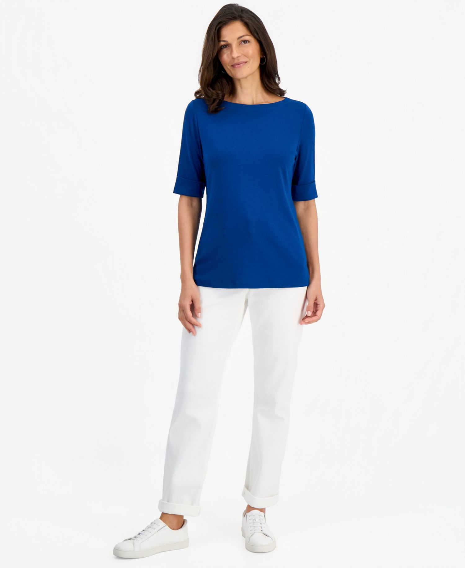 Petite Cotton Elbow-Sleeve Boat-Neck Top