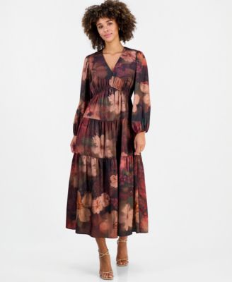 Women's V-Neck Long-Sleeve Tiered Maxi Dress