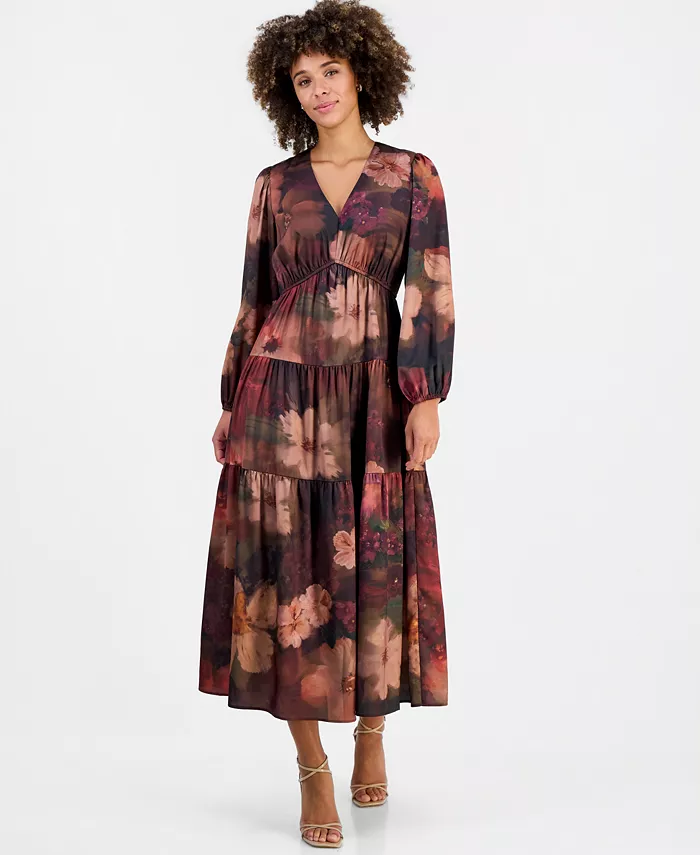 Women's V-Neck Long-Sleeve Tiered Maxi Dress