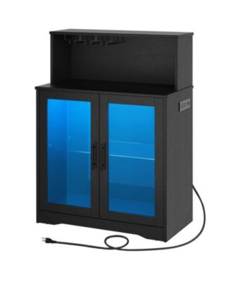 Modern Bar Cabinet with Wine Glass Holder, LED Light and Power Outlet