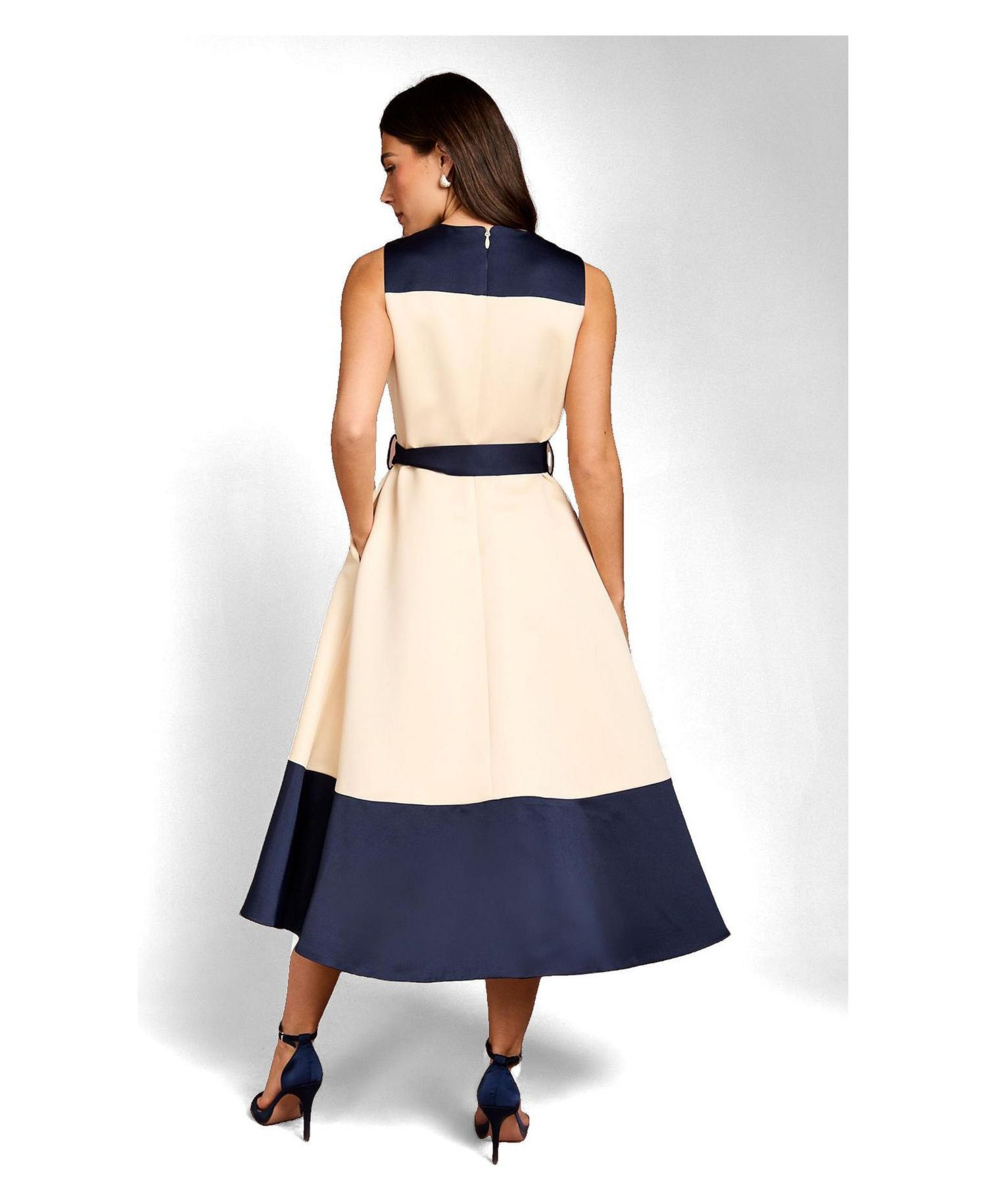Women's Colour Block Crepe Belted Midi Dress