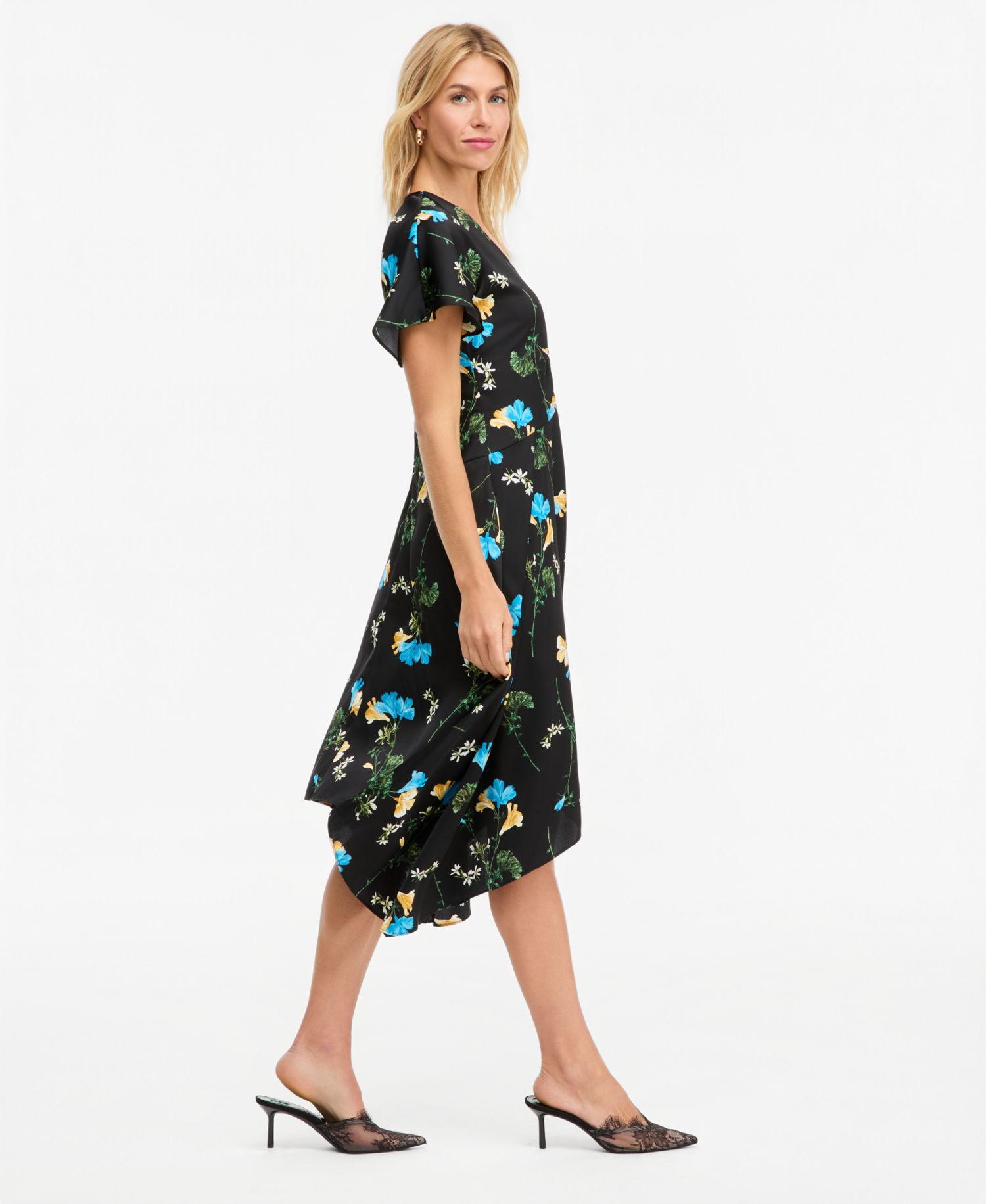 Women's Floral Satin Asymmetrical Hem Midi Dress