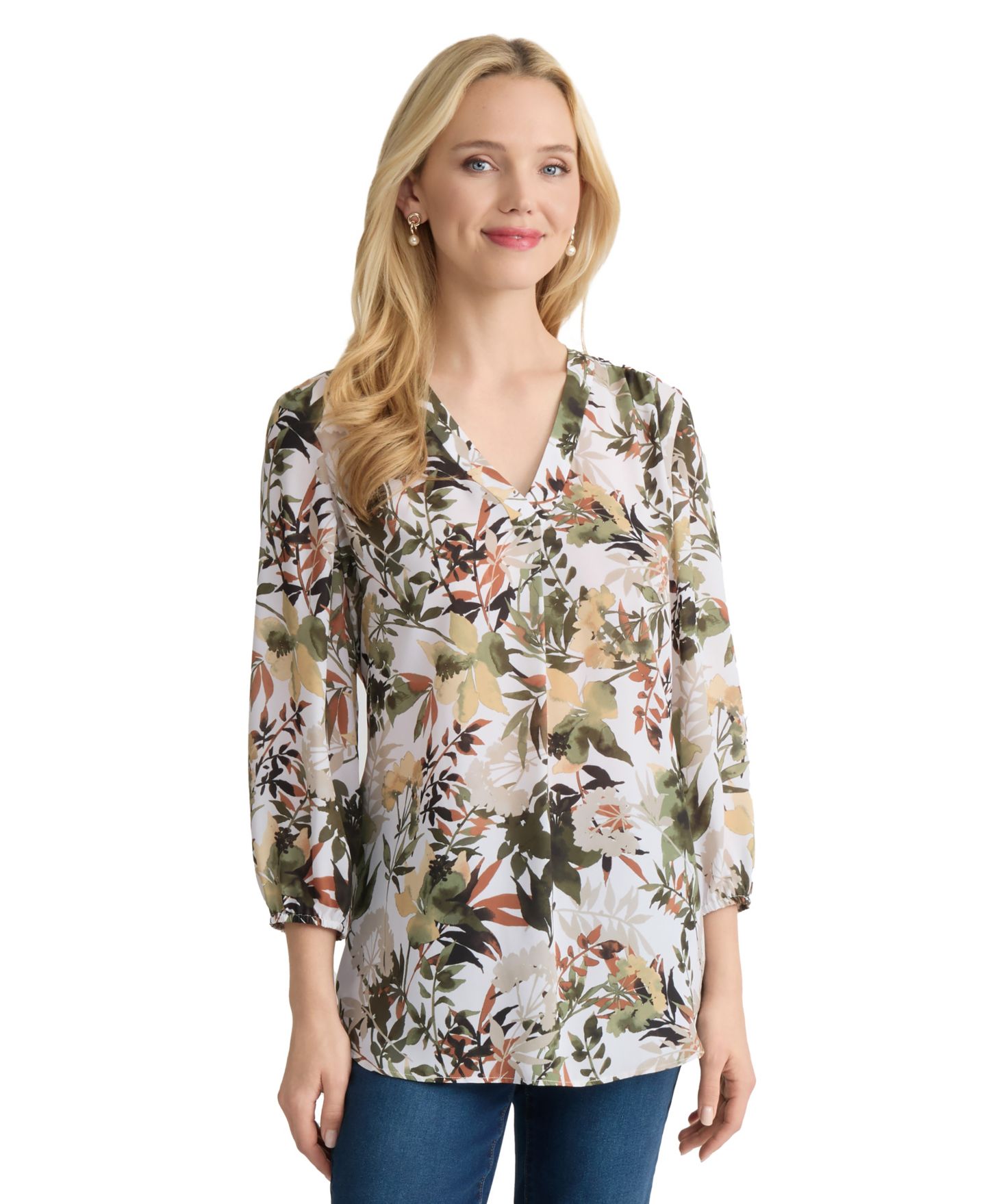 Женский топ Jones New York Petite Floral Print, цвет: Белый песочный разноцветный — фото 2