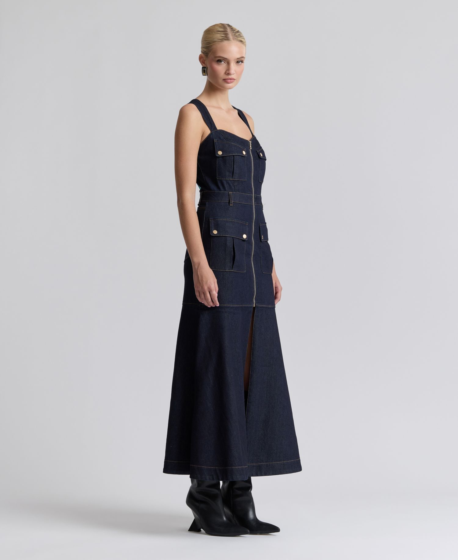 Women's Stretch Denim Cargo Zip-Front Midi Dress