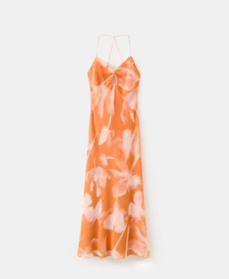mango orange floral dress MANGO - Floral Dress with metallic cutout Orange