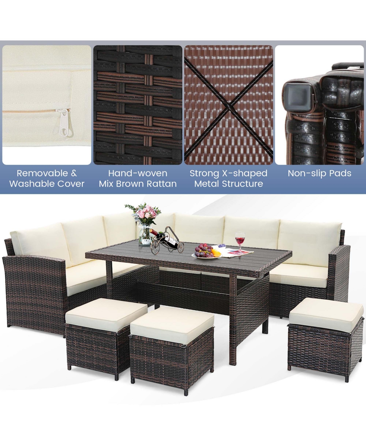 Costway 7 Piece Patio Furniture Set Rattan Sectional Conversation Sofa Coffee Table Porch