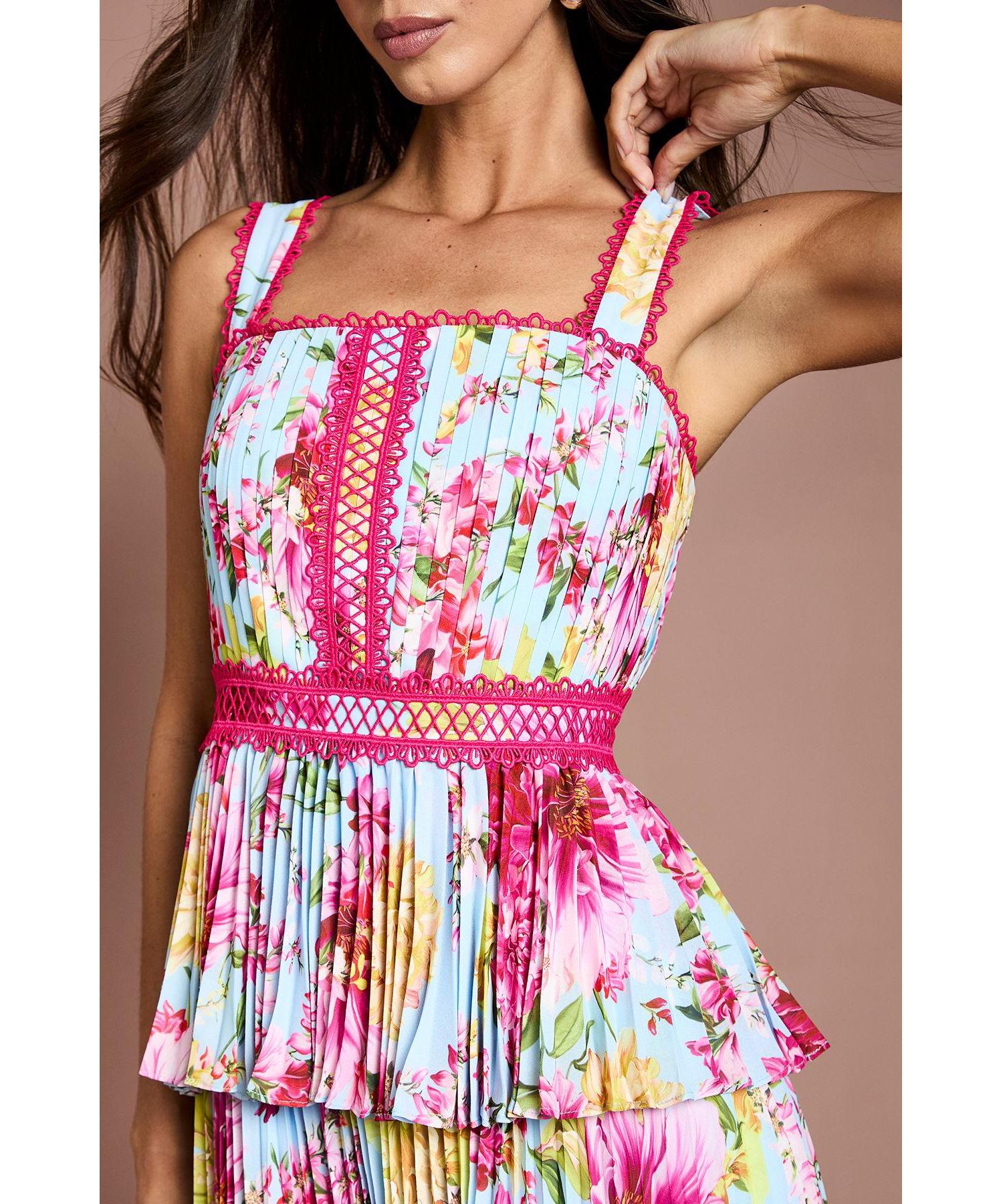 Women's Pleated Floral Square Neck Midi Dress