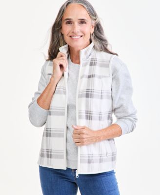 Petite Fleece Plaid Mock Neck Zip-Front Vest