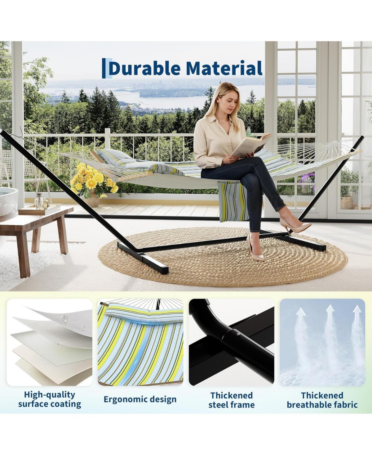 homfan Double Outdoor Hammock Set with Adjustable Steel Frame and Detachable Pillows, 2-Person Hammock for Yard, Patio, Garden and Beach