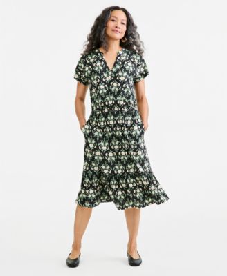 Women's Printed V-Neck Short-Sleeve Knit Midi Dress