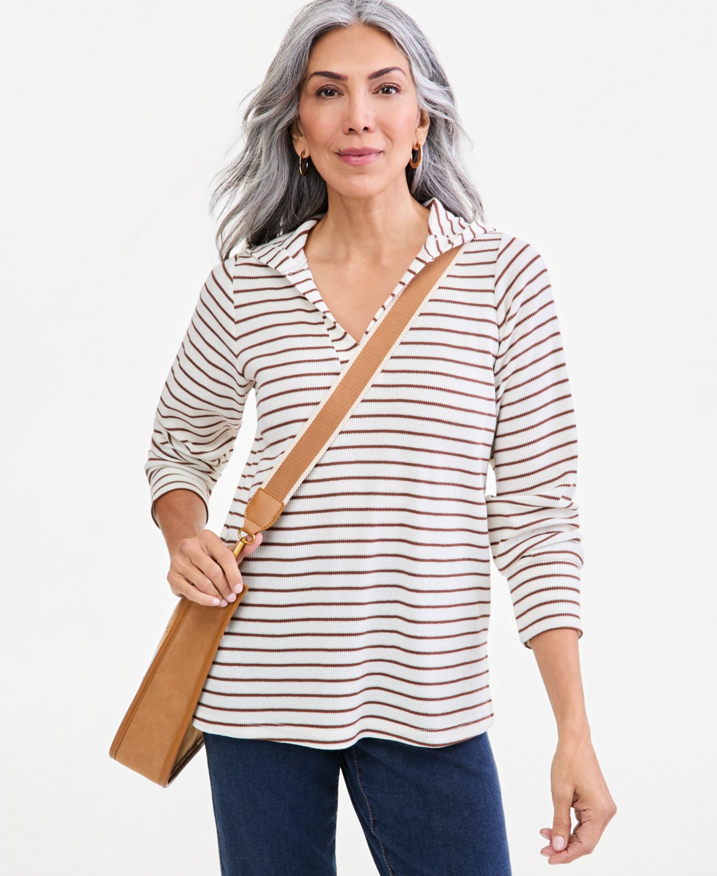 Женское худи Style & Co Striped Waffle, цвет: Коричневый полосатый — фото 3