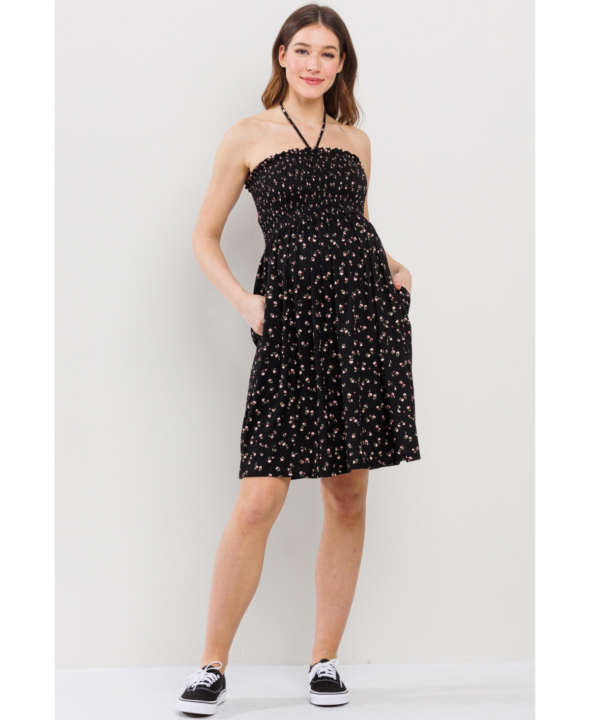 Hello Miz Maternity Floral Smocked Halter Dress with Pockets