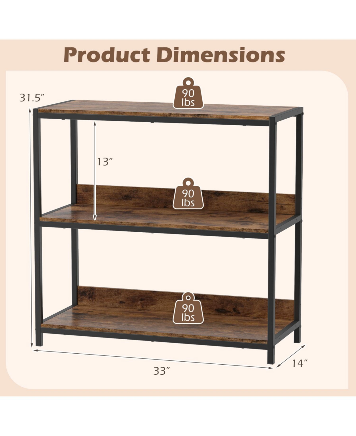 Slickblue Industrial Bookcase with 3 Wooden Shelves and Metal Frame Design