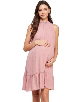 Women's Swiss Dot Mock Neck Dress with Ruffle Hem