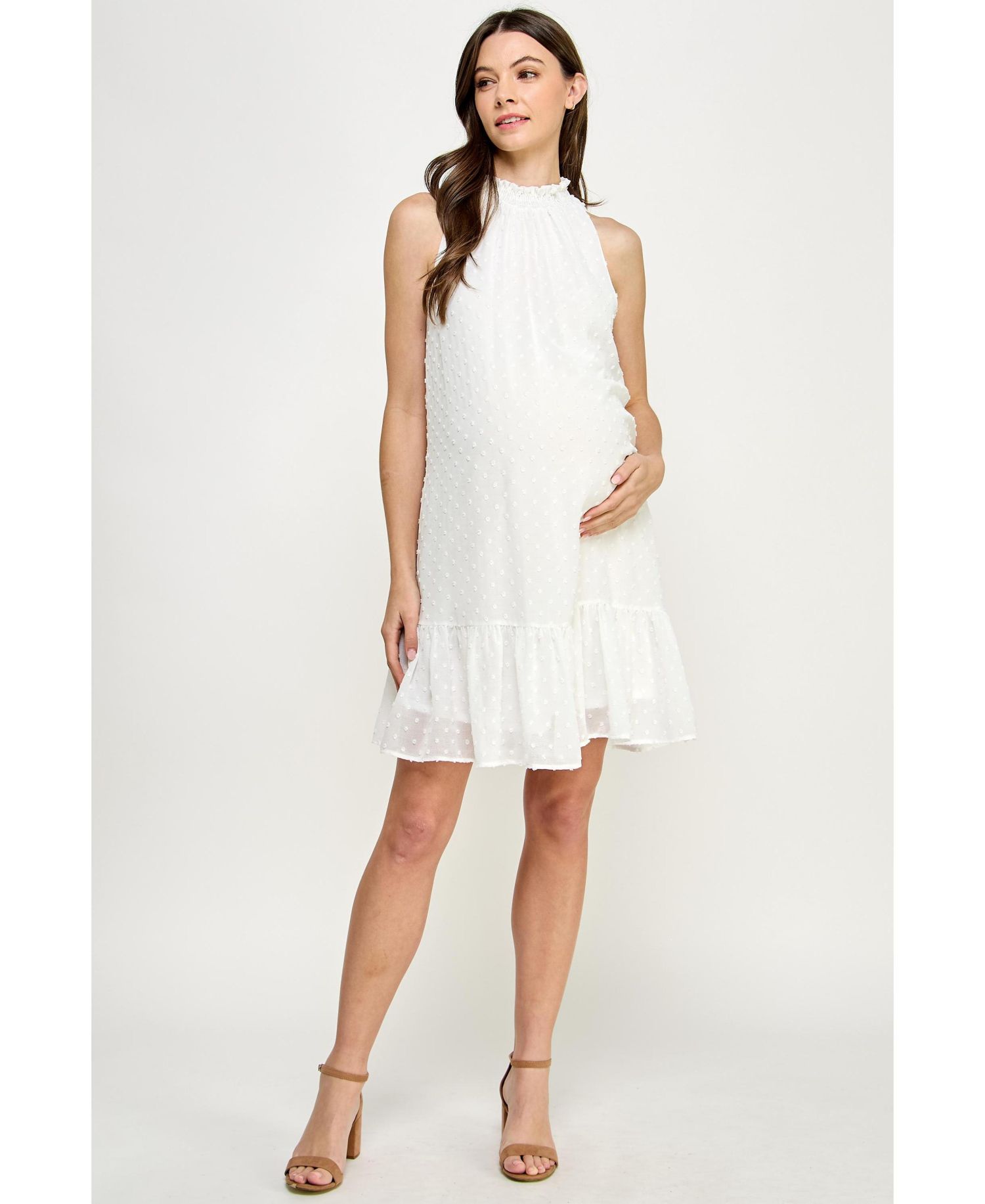 Women's Swiss Dot Mock Neck Dress with Ruffle Hem
