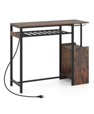 Rectangular Bar Table with Power Outlets LED Lights and Storage Space