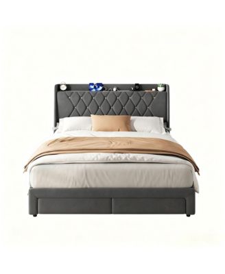 Velvet Upholstered Platform Bed Frame with Crystal Tufted Headboard, 2 Storage Drawers, Built-in Charging Station, Noise-Free, Sturdy Support