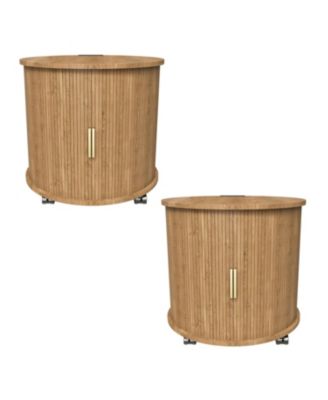Modern Cylinder End Table Set of 2, with Built-in Charging Station and Sliding Door, Fluted Accent Nightstand, for Living Room, Bedroom