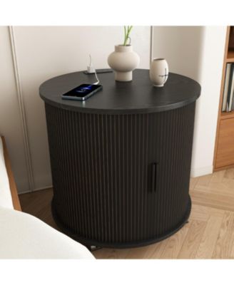 Modern Cylinder End Table, with Built-in Charging Station and Sliding Door, Fluted Accent Nightstand, for Living Room, Bedroom