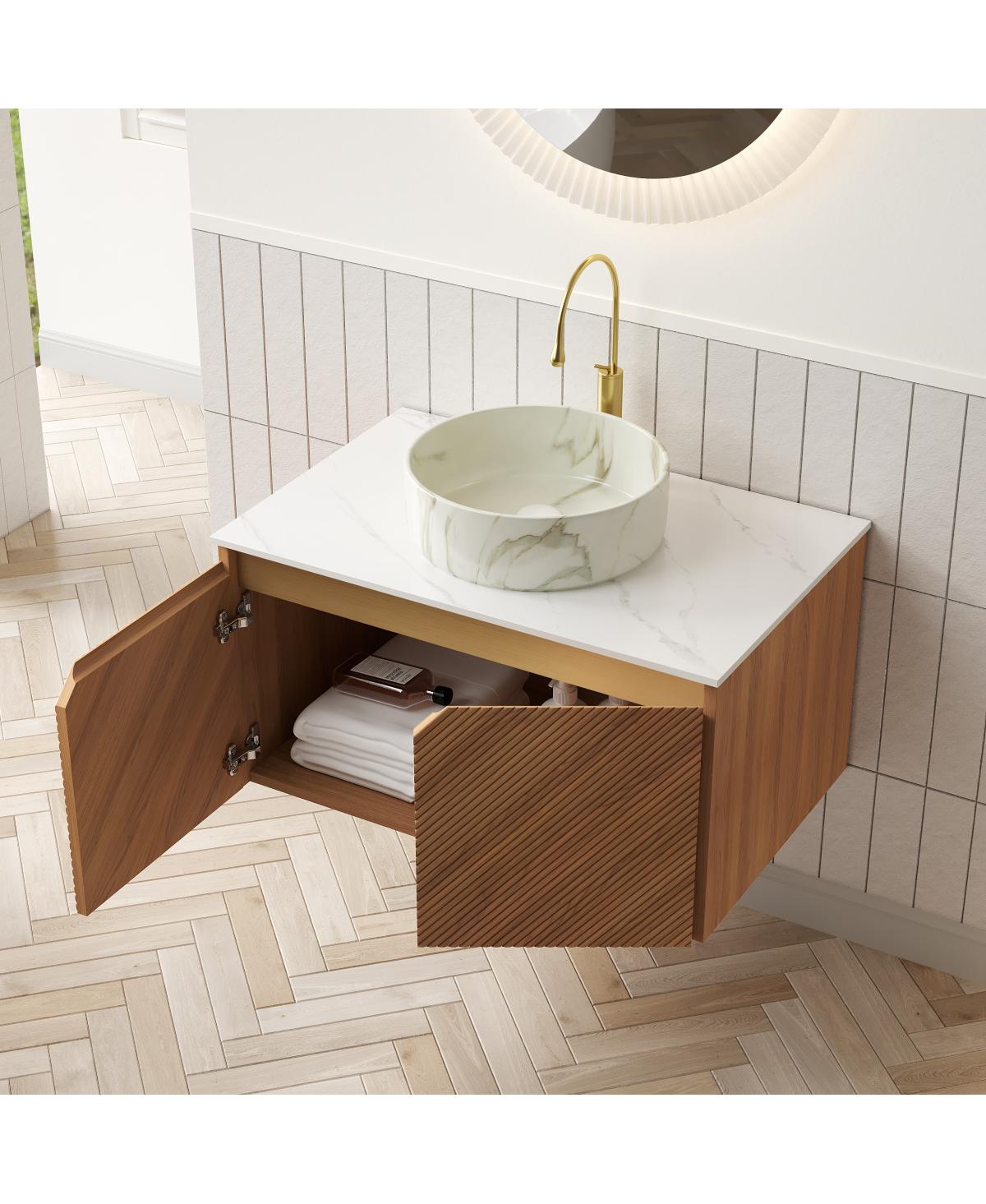 Sillysis Floating Bathroom Vanity with Ceramic Vessel Sink, Carrara Sintered Stone Top, Solid Wood Door