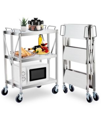 3 Tier Bar Cart, 25 Inch Stainless Steel Folding Serving Cart with Locking Wheels for Kitchen or Pantry