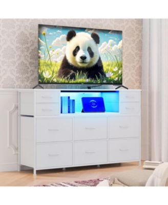 Dresser for Bedroom with 10 Fabric Drawers, TV Stand with LED Light and Charging Station for 45, 50, 55 Inch TV