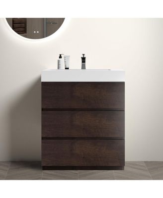 Modern Bathroom Vanity with Stone Sink, Pre-assembled Soft Close 3 Drawers, Handle-Free Freestanding Storage Cabinet