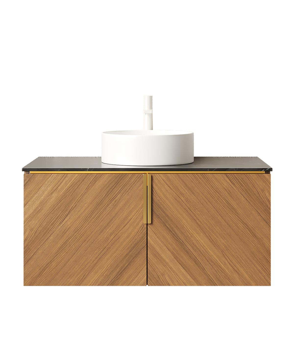 Sillysis Floating Bathroom Vanity Cabinet with Ceramic Vessel Sink, Sintered Stone Countertop, Large Storage