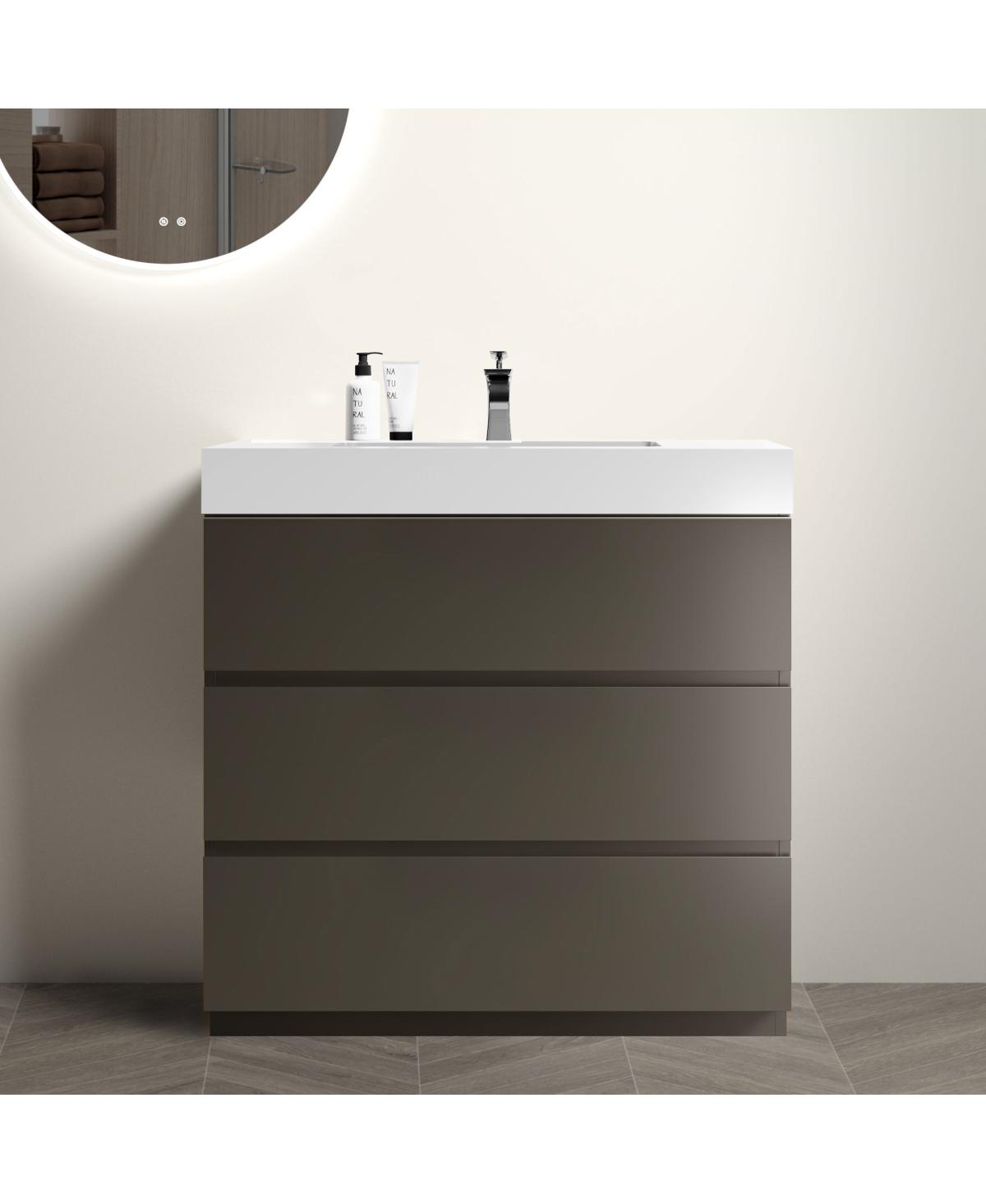 Sillysis Modern Freestanding Bathroom Vanity with Stone Sink, Soft Close Drawers, Handle-Free Storage Cabinet